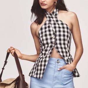 Anthropologie Maeve Black White Linen Blend Check Plaid V Neck Halter Top Shirt